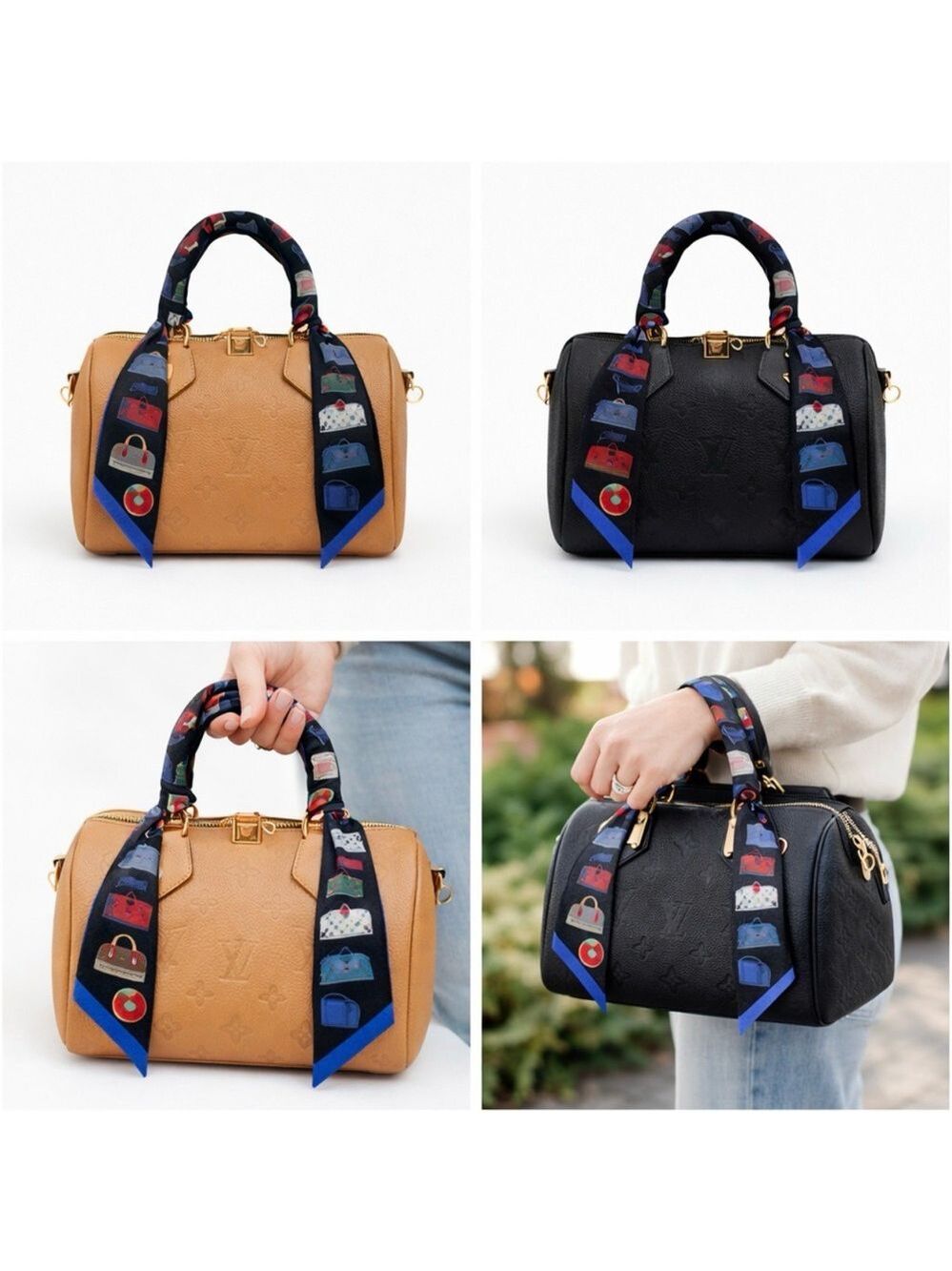 BLACK HANDBAG PRINT SKINNY SCARF HANDLE WRAP HAIR NECK TIE BANDEAU 33x2 NEW